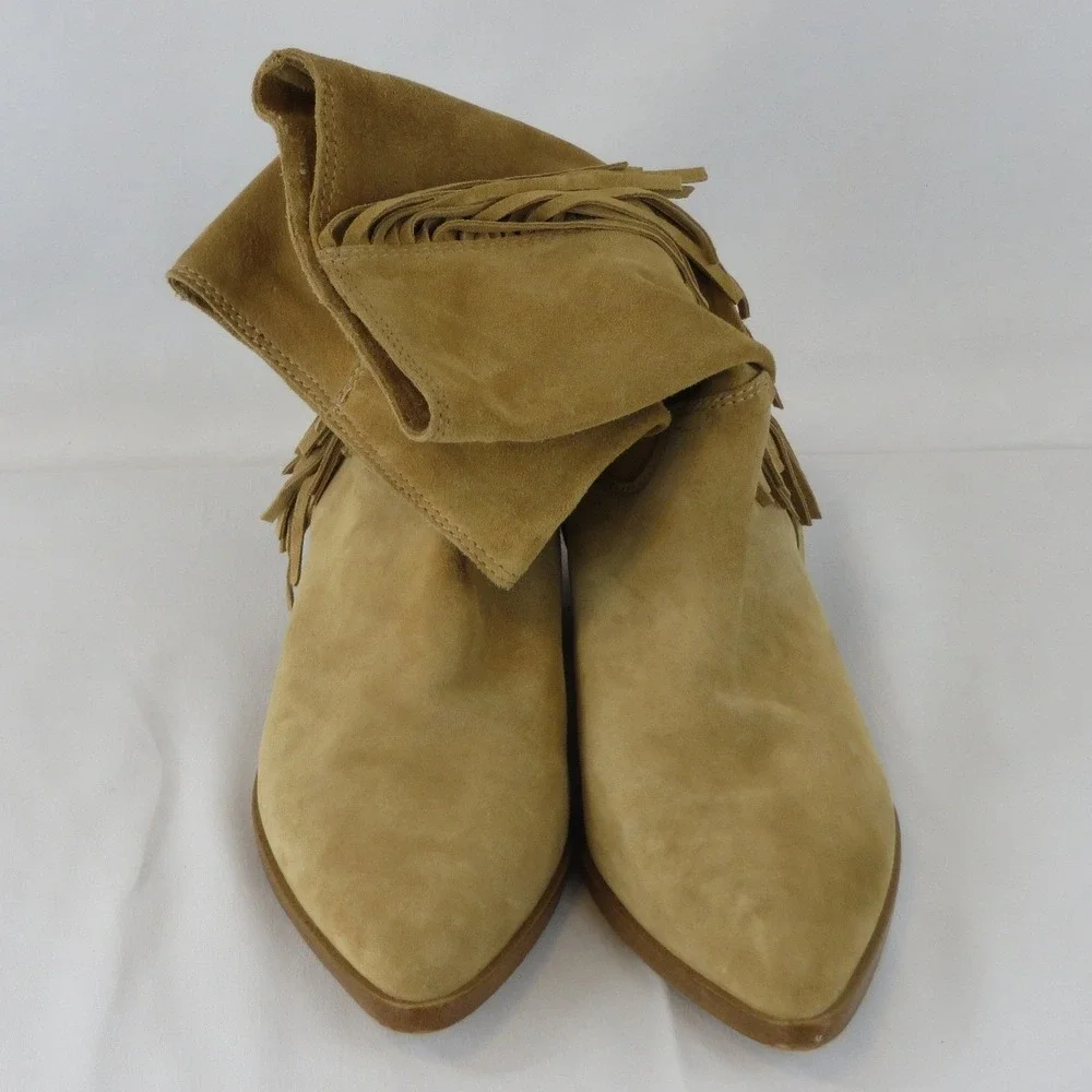 Rebecca Minkoff Tan Suede Fringe Western Boots Pointed Toe Slouchy Mid Calf 7.5 - Picture 2 of 7